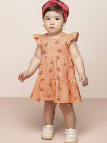 Vestido Infantil Feminino Manga Curta Estampa de Frutinhas Laranja Fernanda ramos kids
