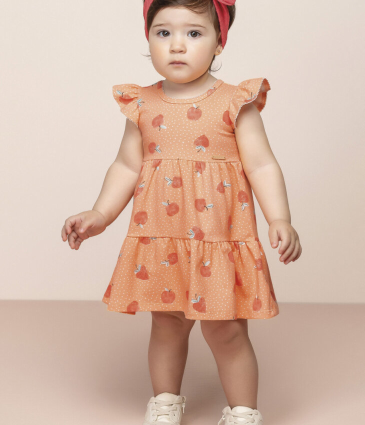 Vestido Infantil Feminino Manga Curta Estampa de Frutinhas Laranja Fernanda ramos kids