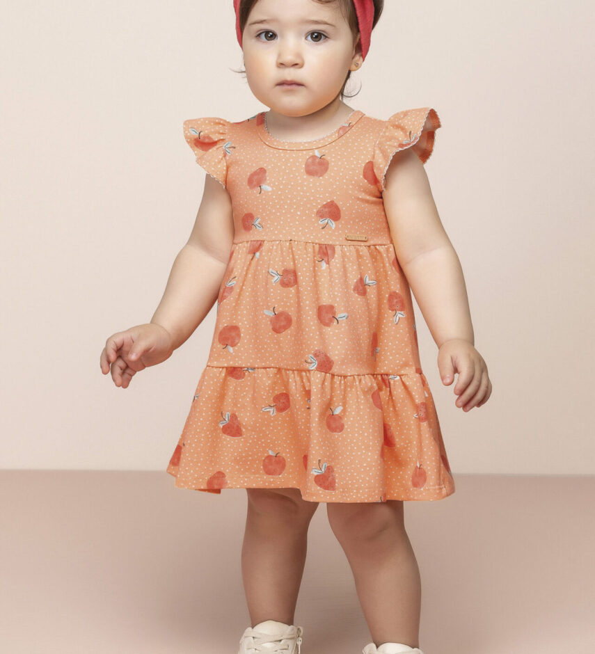 Vestido Infantil Feminino Manga Curta Estampa de Frutinhas Laranja Fernanda ramos kids