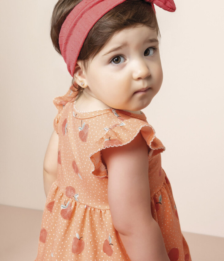 fernandaramoskids com br Vestido Infantil Feminino Manga Curta Estampa de Frutinhas Laranja 1
