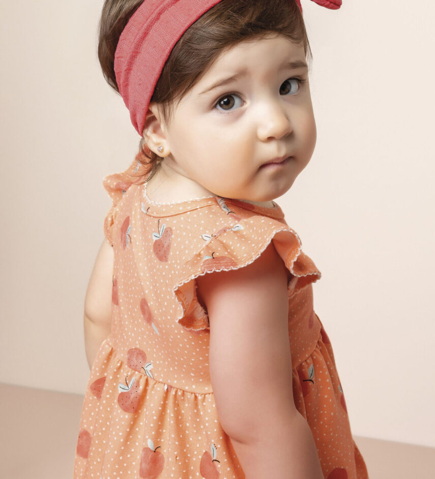 fernandaramoskids com br Vestido Infantil Feminino Manga Curta Estampa de Frutinhas Laranja 1