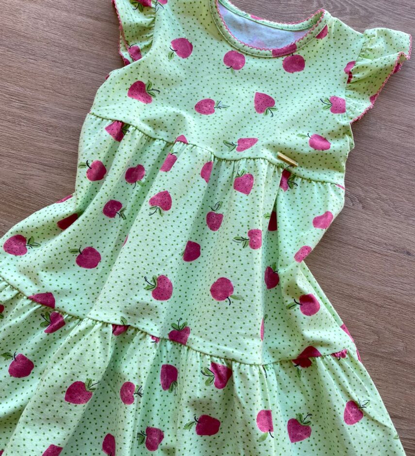 fernandaramoskids com br Vestido Infantil Feminino Manga Curta Estampa de Frutinhas Verde 1