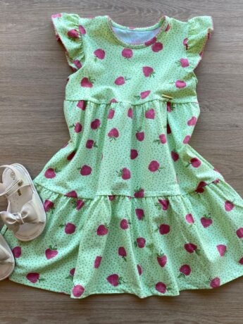 Vestido Infantil Feminino Manga Curta Estampa de Frutinhas Verde Fernanda Ramos Kids