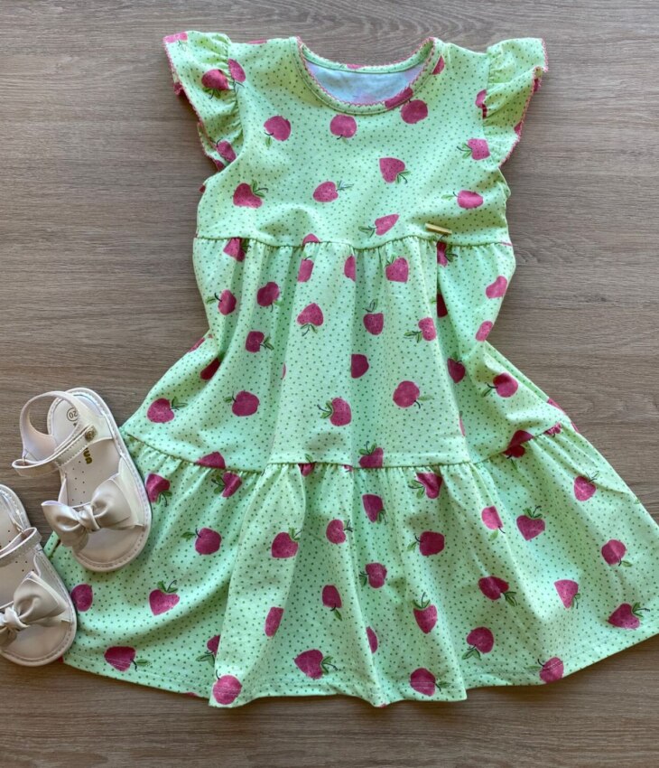 Vestido Infantil Feminino Manga Curta Estampa de Frutinhas Verde Fernanda Ramos Kids