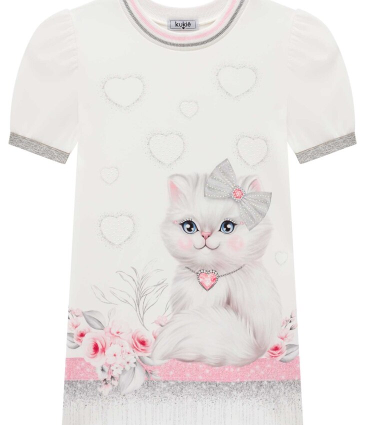 fernandaramoskids com br Vestido Infantil Feminino Manga Curta Estampado Gato Branco 1