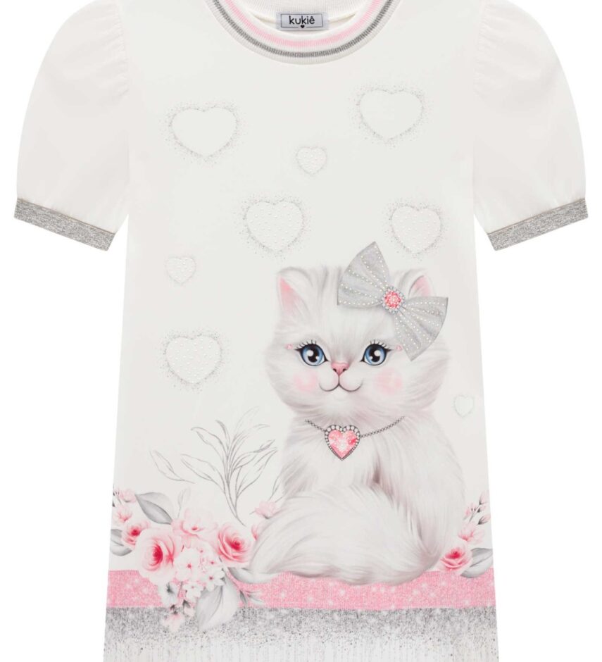 fernandaramoskids com br Vestido Infantil Feminino Manga Curta Estampado Gato Branco 1
