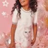 Vestido Infantil Feminino Manga Curta Estampado Gato Branco Fernanda Ramos Kids