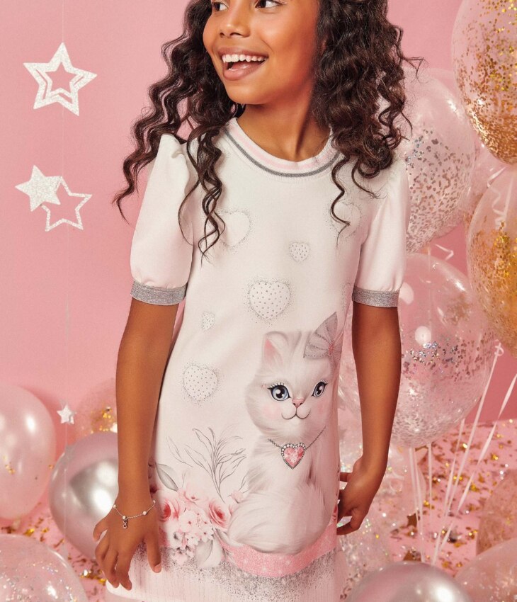 Vestido Infantil Feminino Manga Curta Estampado Gato Branco Fernanda Ramos Kids