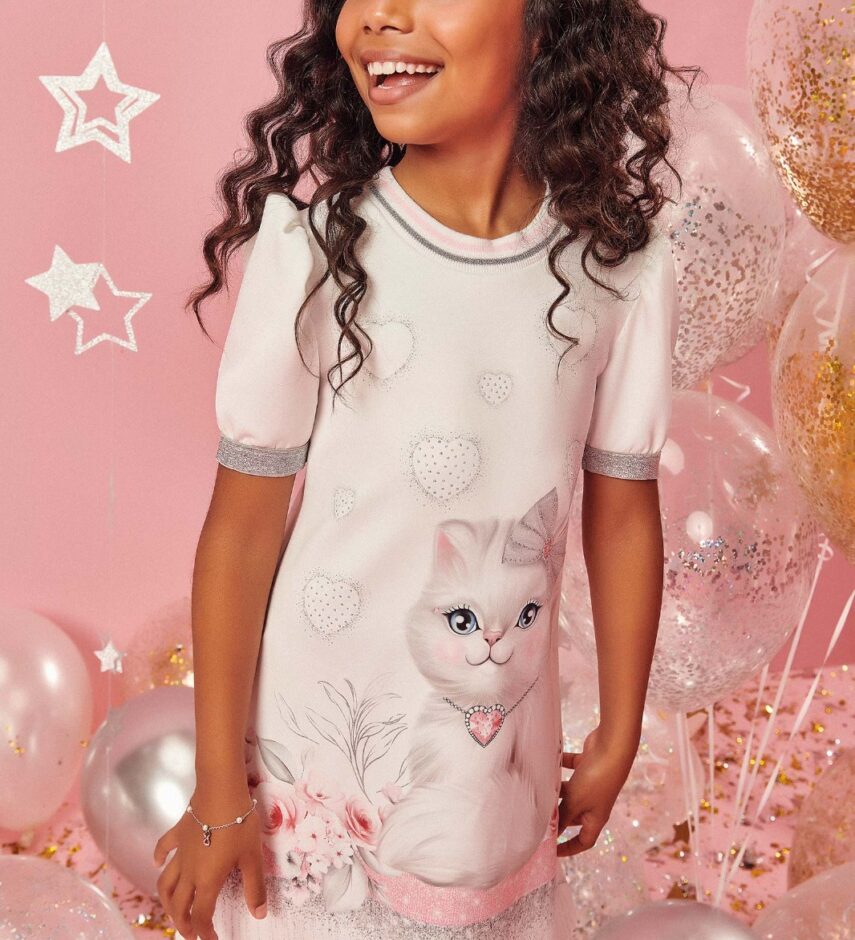 Vestido Infantil Feminino Manga Curta Estampado Gato Branco Fernanda Ramos Kids