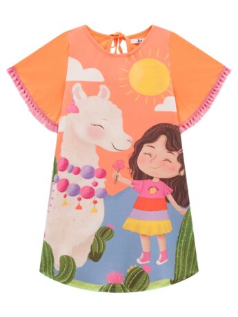 fernandaramoskids com br Vestido Infantil Feminino Manga Curta Estampado Laranja 1