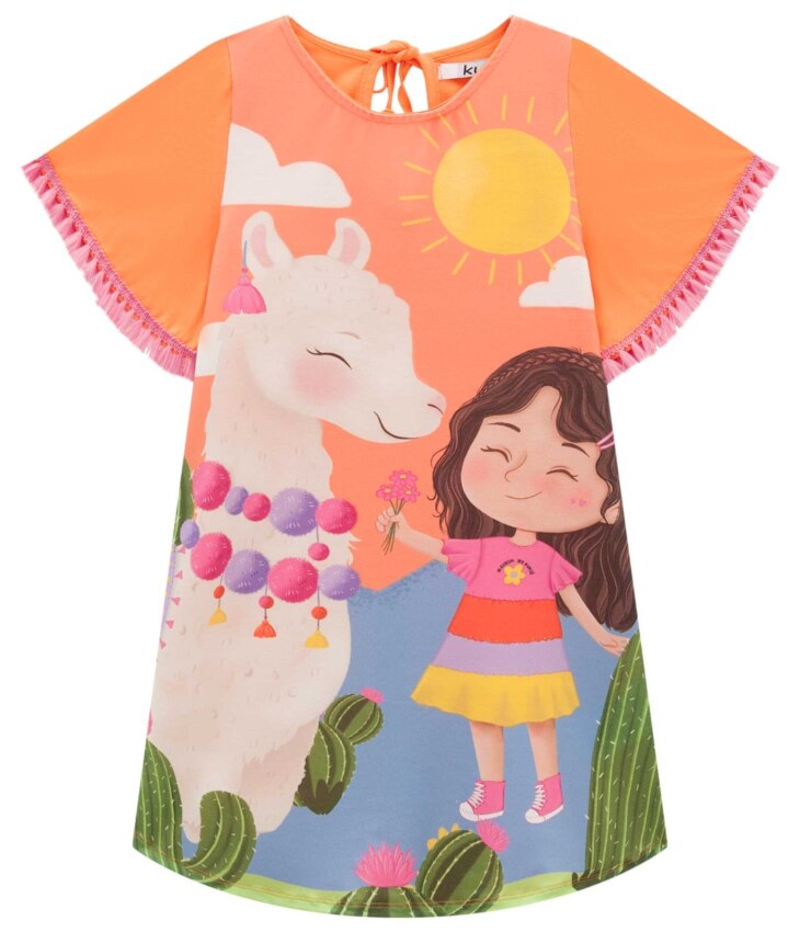 fernandaramoskids com br Vestido Infantil Feminino Manga Curta Estampado Laranja 1
