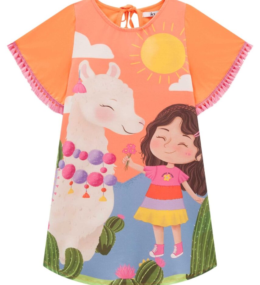 fernandaramoskids com br Vestido Infantil Feminino Manga Curta Estampado Laranja 1