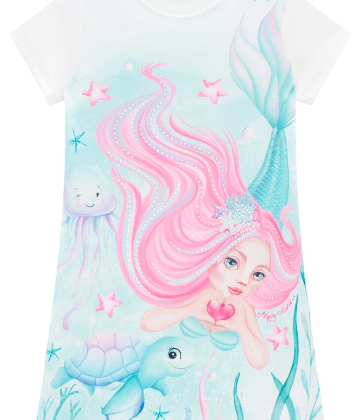 fernandaramoskids com br Vestido Infantil Feminino Manga Curta Estampado Sereia 2
