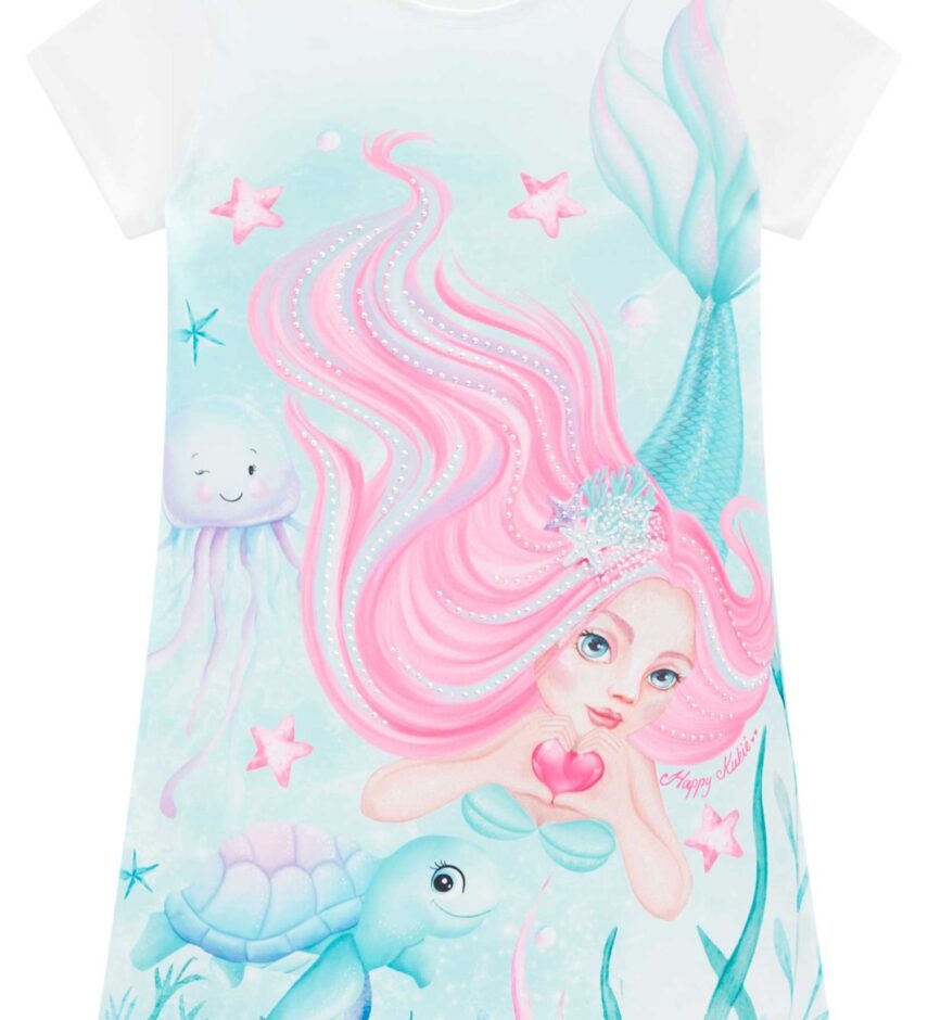 fernandaramoskids com br Vestido Infantil Feminino Manga Curta Estampado Sereia 2
