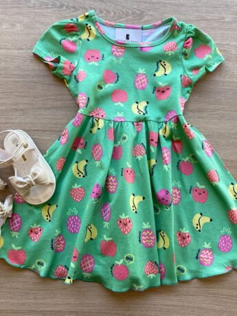Vestido Infantil Feminino Manga Curta Evase Estampa Frutinhas Verde Fernanda Ramos Kids
