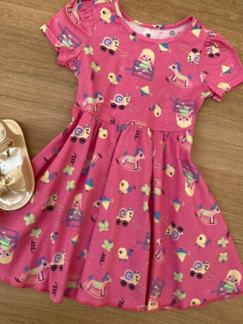 fernandaramoskids com br Vestido Infantil Feminino Manga Curta Evase Estampado Rosa 1