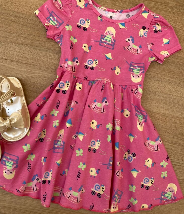 fernandaramoskids com br Vestido Infantil Feminino Manga Curta Evase Estampado Rosa 1