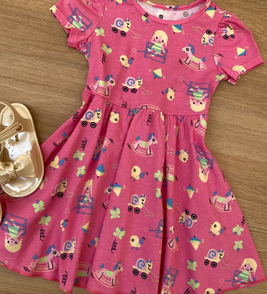 fernandaramoskids com br Vestido Infantil Feminino Manga Curta Evase Estampado Rosa 1