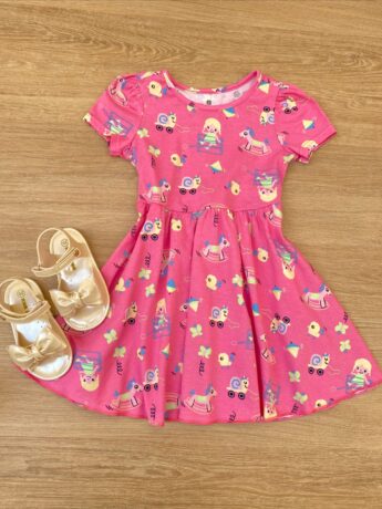 Vestido Infantil Feminino Manga Curta Evase Estampado Rosa Fernanda Ramos Kids