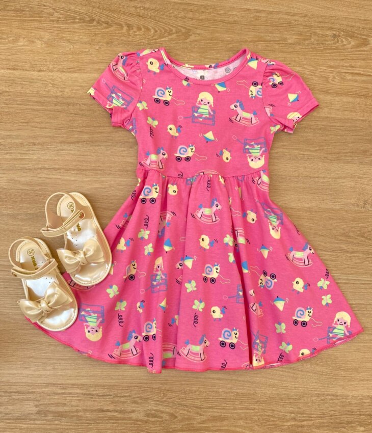Vestido Infantil Feminino Manga Curta Evase Estampado Rosa Fernanda Ramos Kids