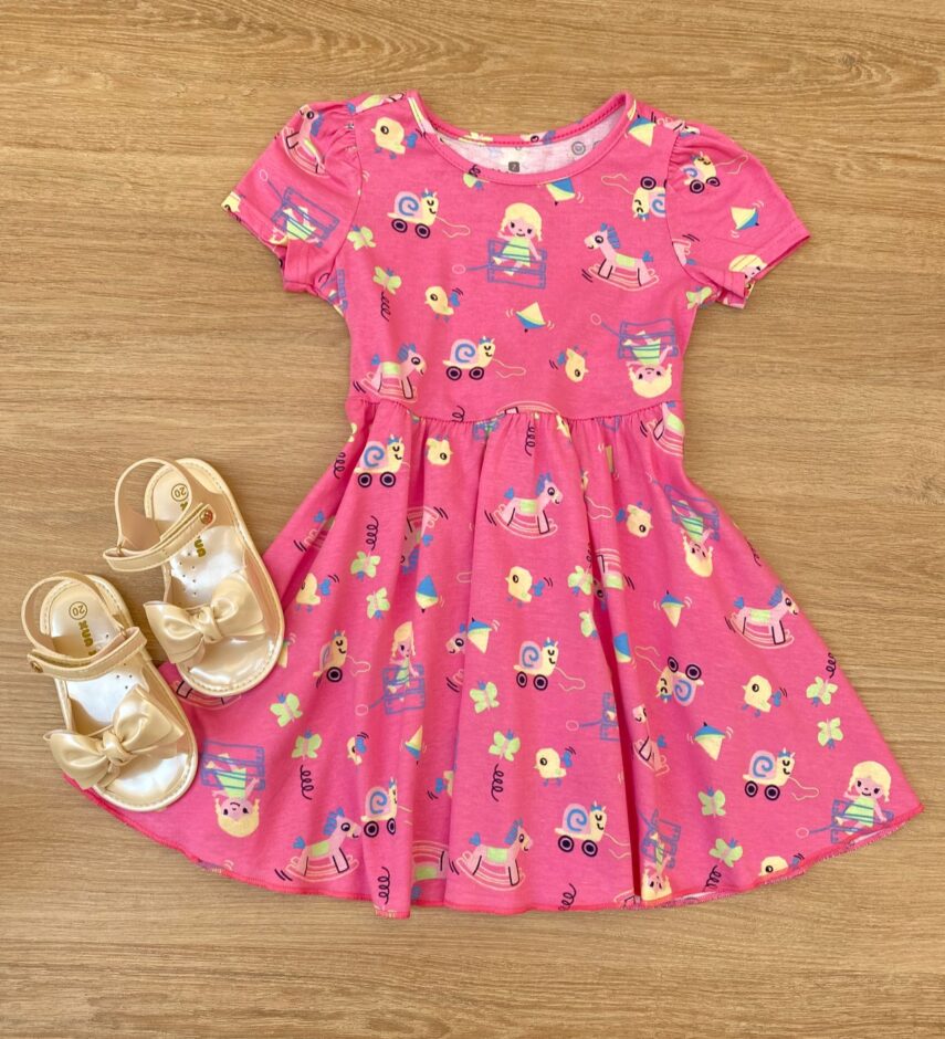 Vestido Infantil Feminino Manga Curta Evase Estampado Rosa Fernanda Ramos Kids