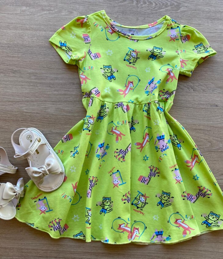 Vestido Infantil Feminino Manga Curta Evase Estampado Verde Lima Fernanda Ramos Kids
