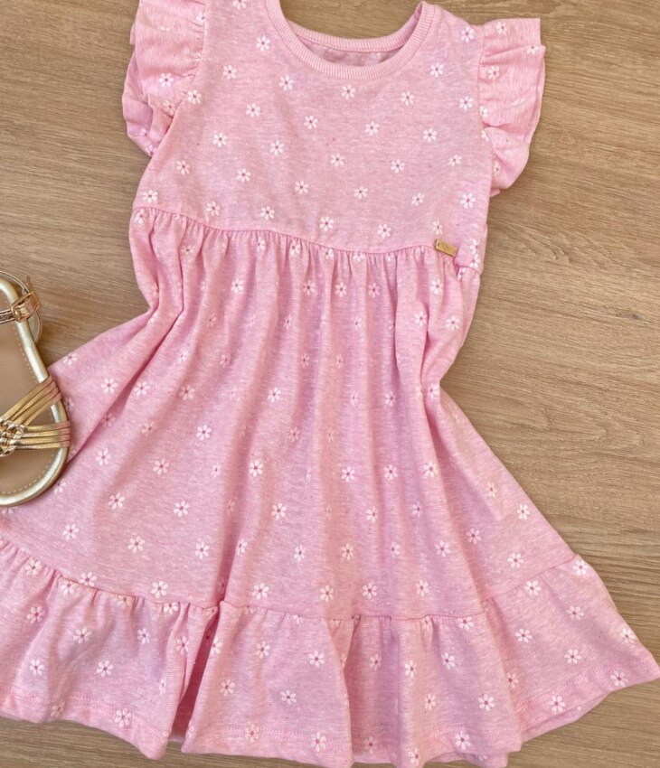 fernandaramoskids com br Vestido Infantil Feminino Manga Curta Flores Fundo Rosa 1