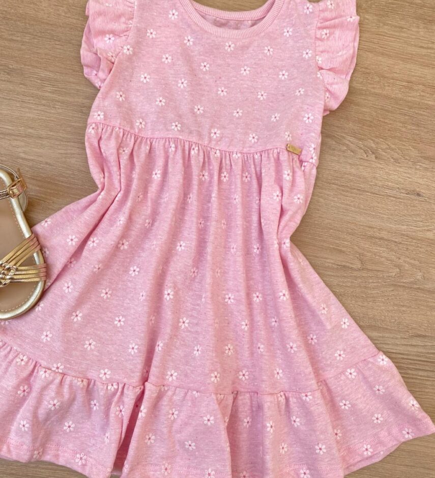 fernandaramoskids com br Vestido Infantil Feminino Manga Curta Flores Fundo Rosa 1
