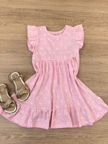 Vestido Infantil Feminino Manga Curta Flores Fundo Rosa Fernanda Ramos Kids