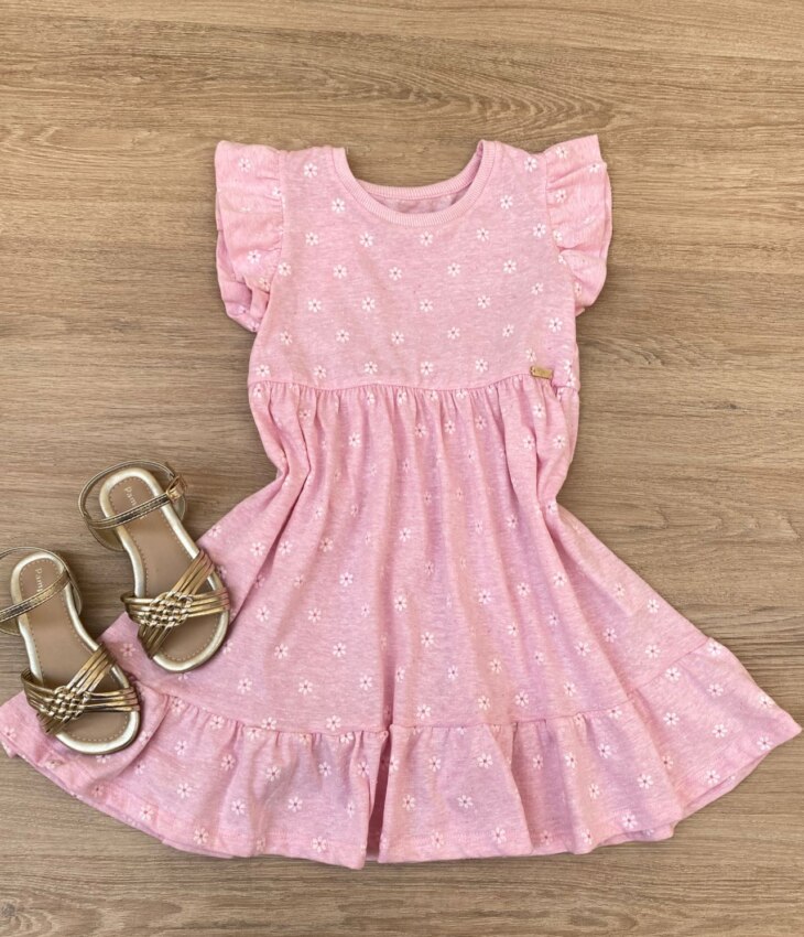 Vestido Infantil Feminino Manga Curta Flores Fundo Rosa Fernanda Ramos Kids