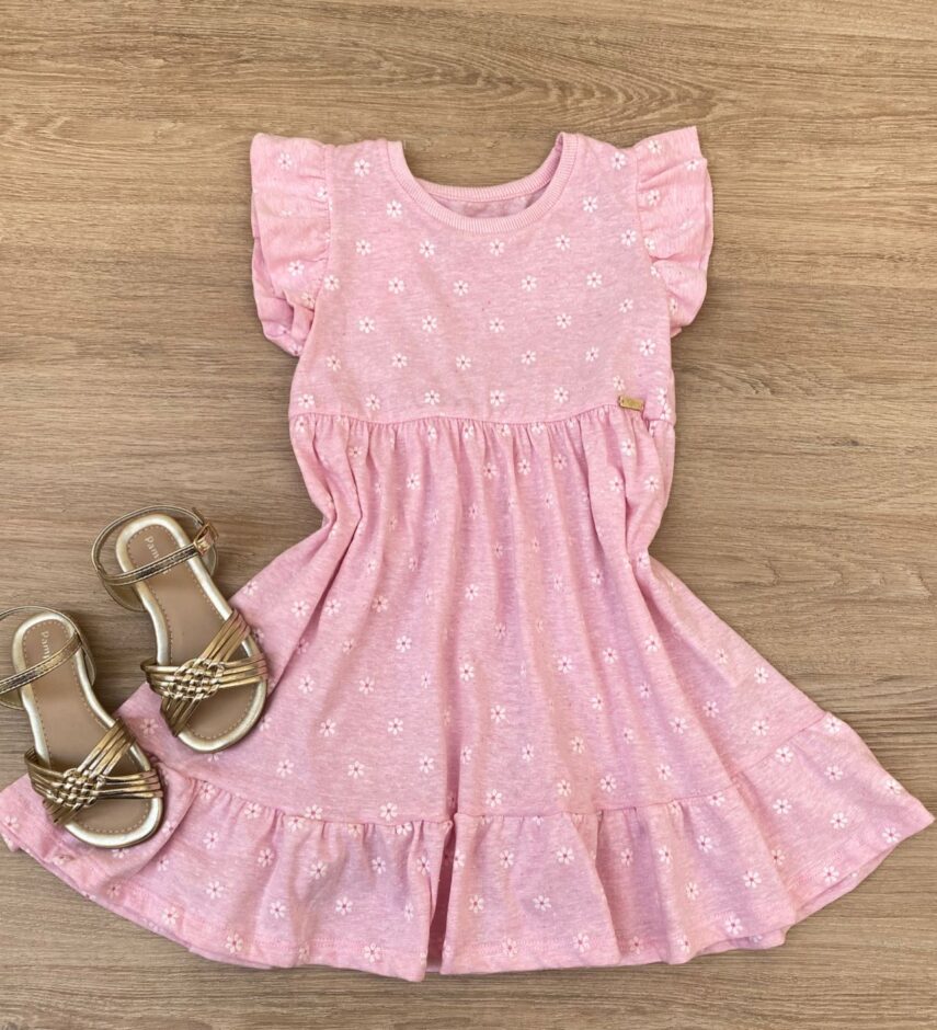 Vestido Infantil Feminino Manga Curta Flores Fundo Rosa Fernanda Ramos Kids