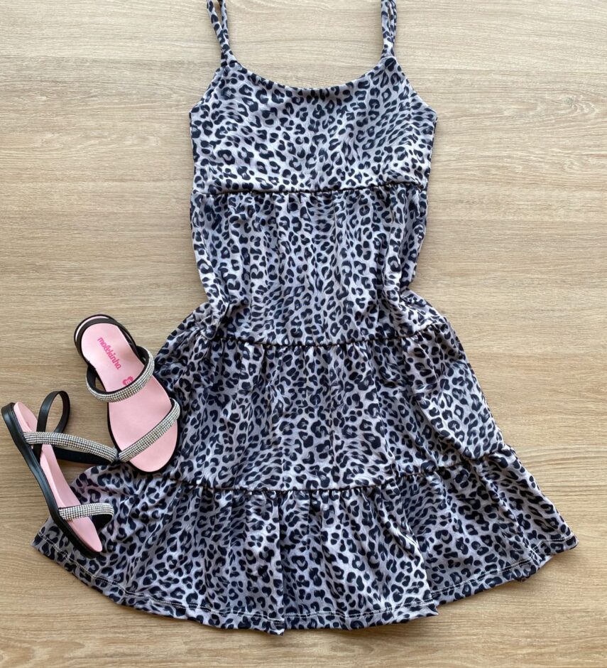 Vestido Infantil Feminino Soltinho Alça Fina Animal Print Fernanda Ramos Kids