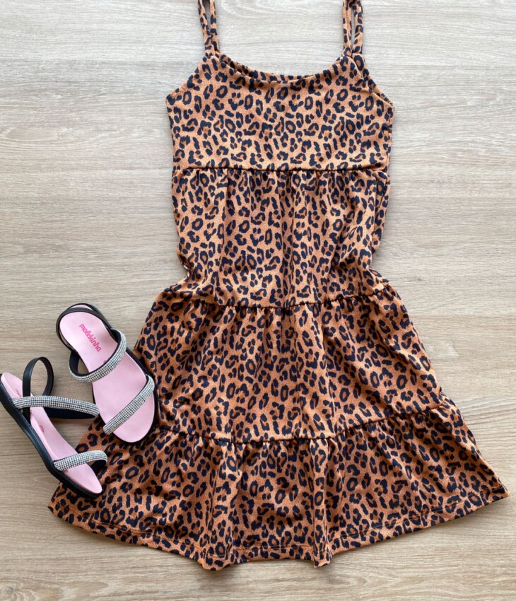 Vestido Infantil Feminino Soltinho Alça Fina Estampa Animal Print Fernanda Ramos Kids