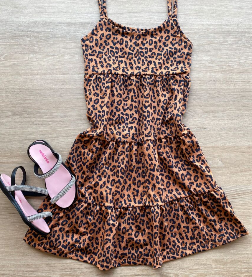 Vestido Infantil Feminino Soltinho Alça Fina Estampa Animal Print Fernanda Ramos Kids