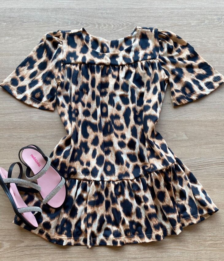 Vestido Infantil Feminino Soltinho Manga Curta Animal Print Fernanda Ramos Kids