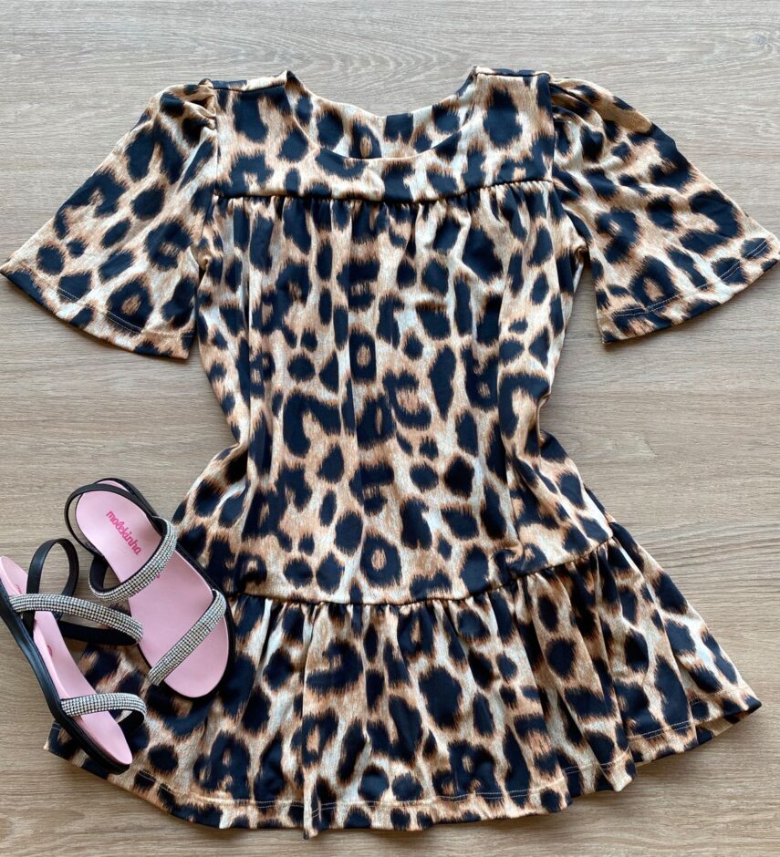 Vestido Infantil Feminino Soltinho Manga Curta Animal Print Fernanda Ramos Kids