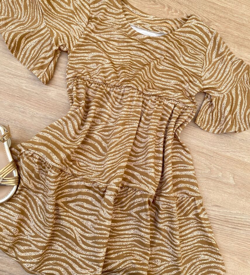 fernandaramoskids com br Vestido Infantil Feminino Soltinho Manga Curta Estampado Bege 1