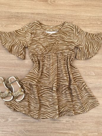 Vestido Infantil Feminino Soltinho Manga Curta Estampado Bege Fernanda Ramos Kids