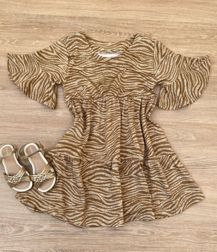 Vestido Infantil Feminino Soltinho Manga Curta Estampado Bege Fernanda Ramos Kids