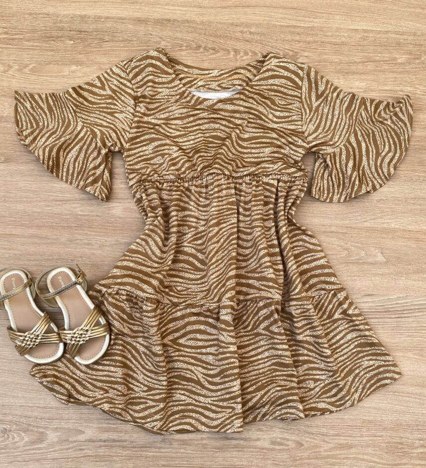 Vestido Infantil Feminino Soltinho Manga Curta Estampado Bege Fernanda Ramos Kids