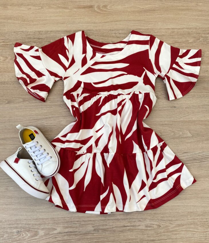 Vestido Infantil Feminino Soltinho Manga Curta Estampado Vermelho Fernanda Ramos Kids