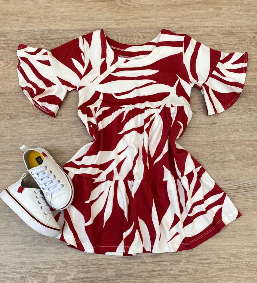 Vestido Infantil Feminino Soltinho Manga Curta Estampado Vermelho Fernanda Ramos Kids