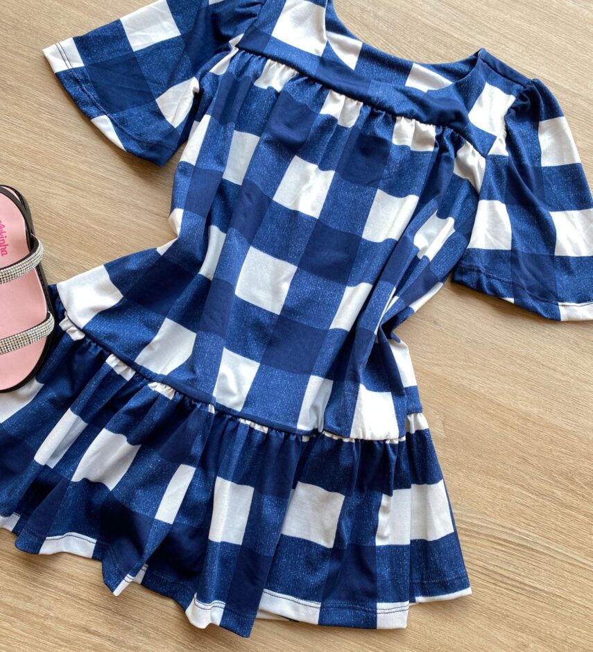 fernandaramoskids com br Vestido Infantil Feminino Soltinho Manga Curta Xadrez Azul 2