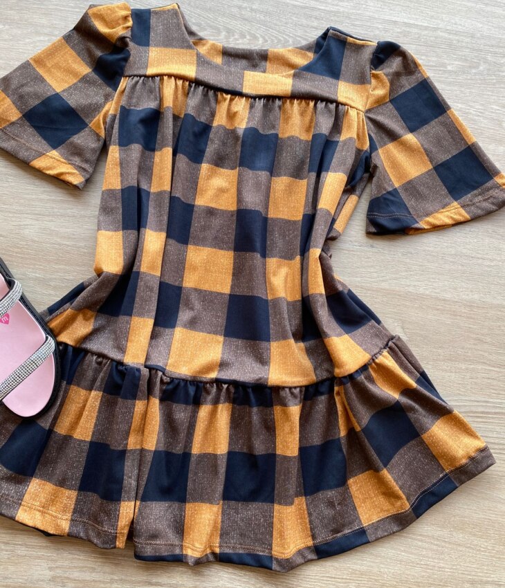 fernandaramoskids com br Vestido Infantil Feminino Soltinho Manga Curta Xadrez Marrom 1