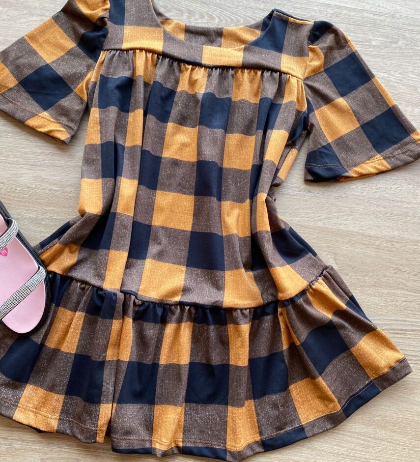 fernandaramoskids com br Vestido Infantil Feminino Soltinho Manga Curta Xadrez Marrom 1