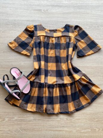 Vestido Infantil Feminino Soltinho Manga Curta Xadrez Marrom Fernanda Ramos Kids