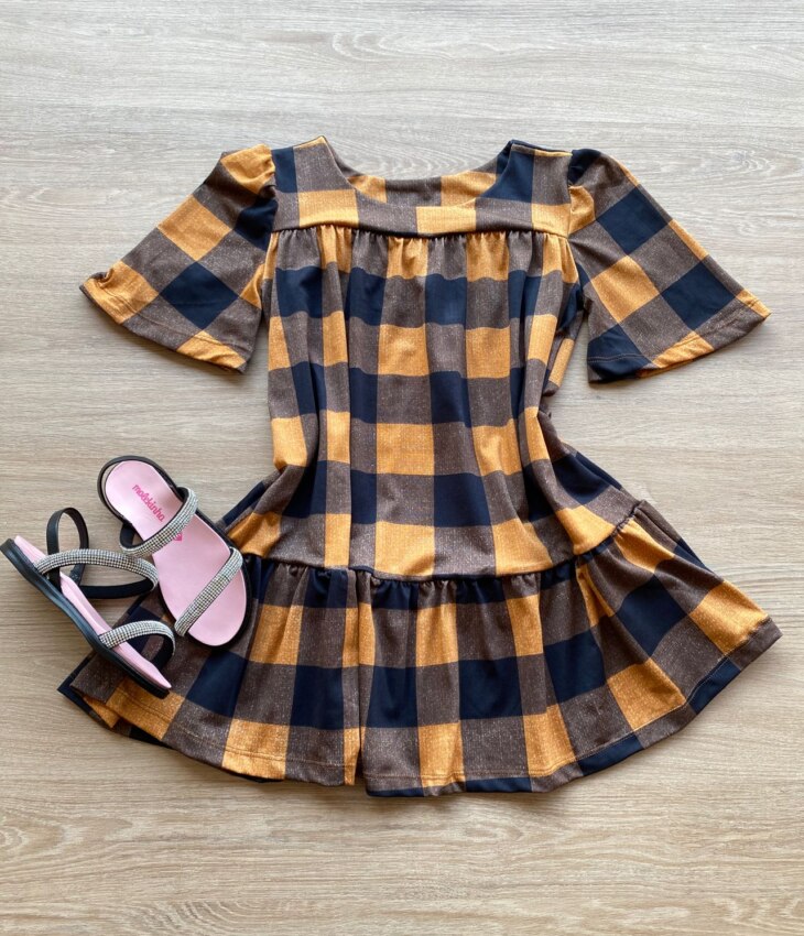 Vestido Infantil Feminino Soltinho Manga Curta Xadrez Marrom Fernanda Ramos Kids