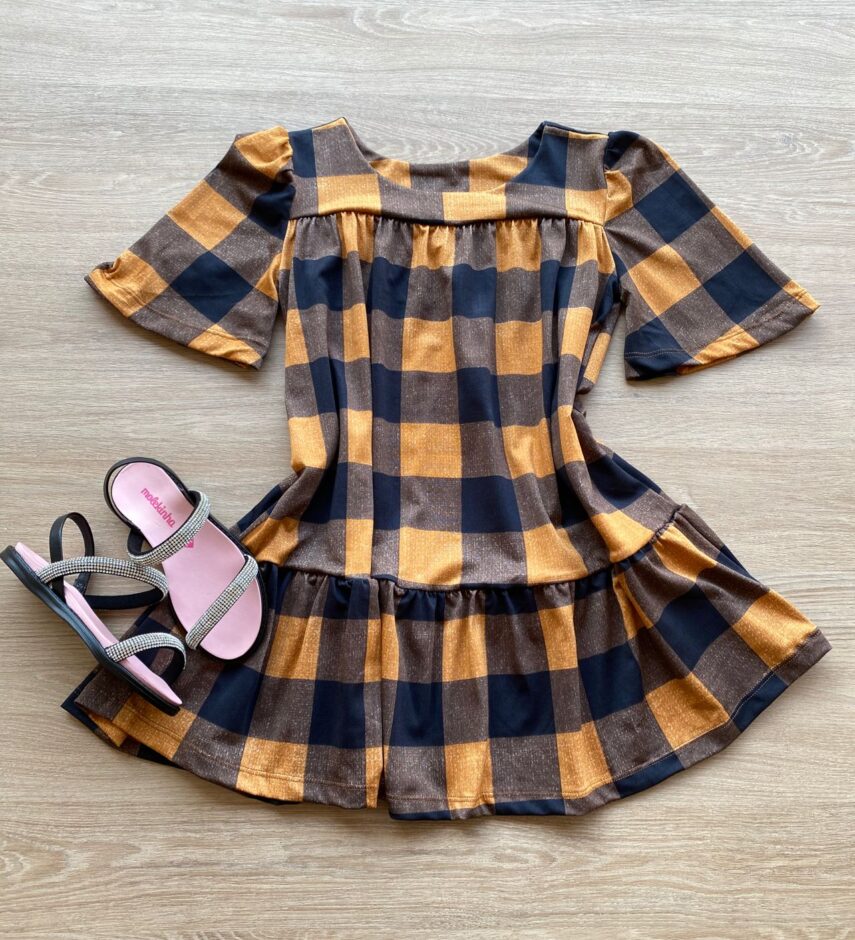 Vestido Infantil Feminino Soltinho Manga Curta Xadrez Marrom Fernanda Ramos Kids