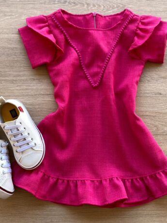 Vestido Infantil Feminino Zíper Atrás Pink com Detalhe Fernanda Ramos Kids
