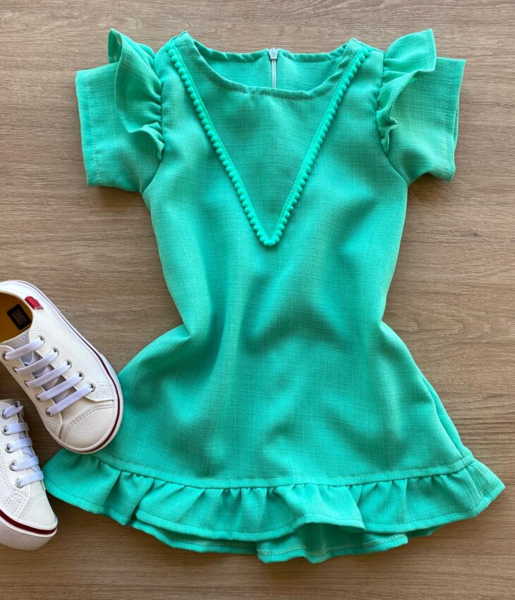 Vestido Infantil Feminino Zíper Atrás Verde com Detalhe Fernanda Ramos Kids